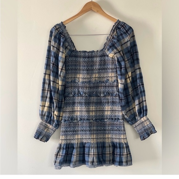 LoveShackFancy Dress Stanley Blue Square Neck Plaid Puff Sleeve Smocked Mini XS - Picture 3 of 4